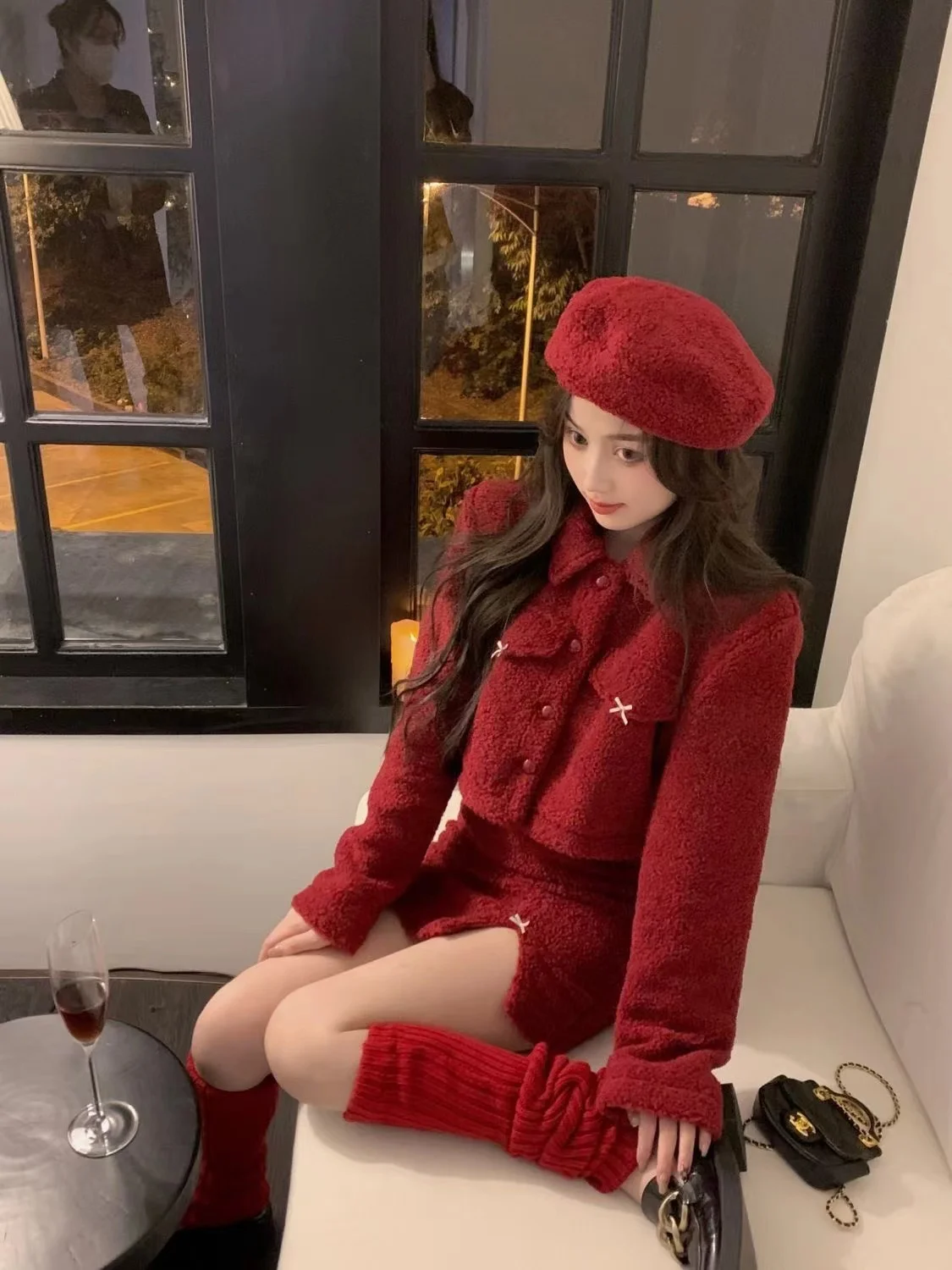 Wealthy Heiress Classic-inspired New Year\'s Set, Autumn Winter Party Outfit Top Jacket and Skirt, Red Two-piece for Women Female