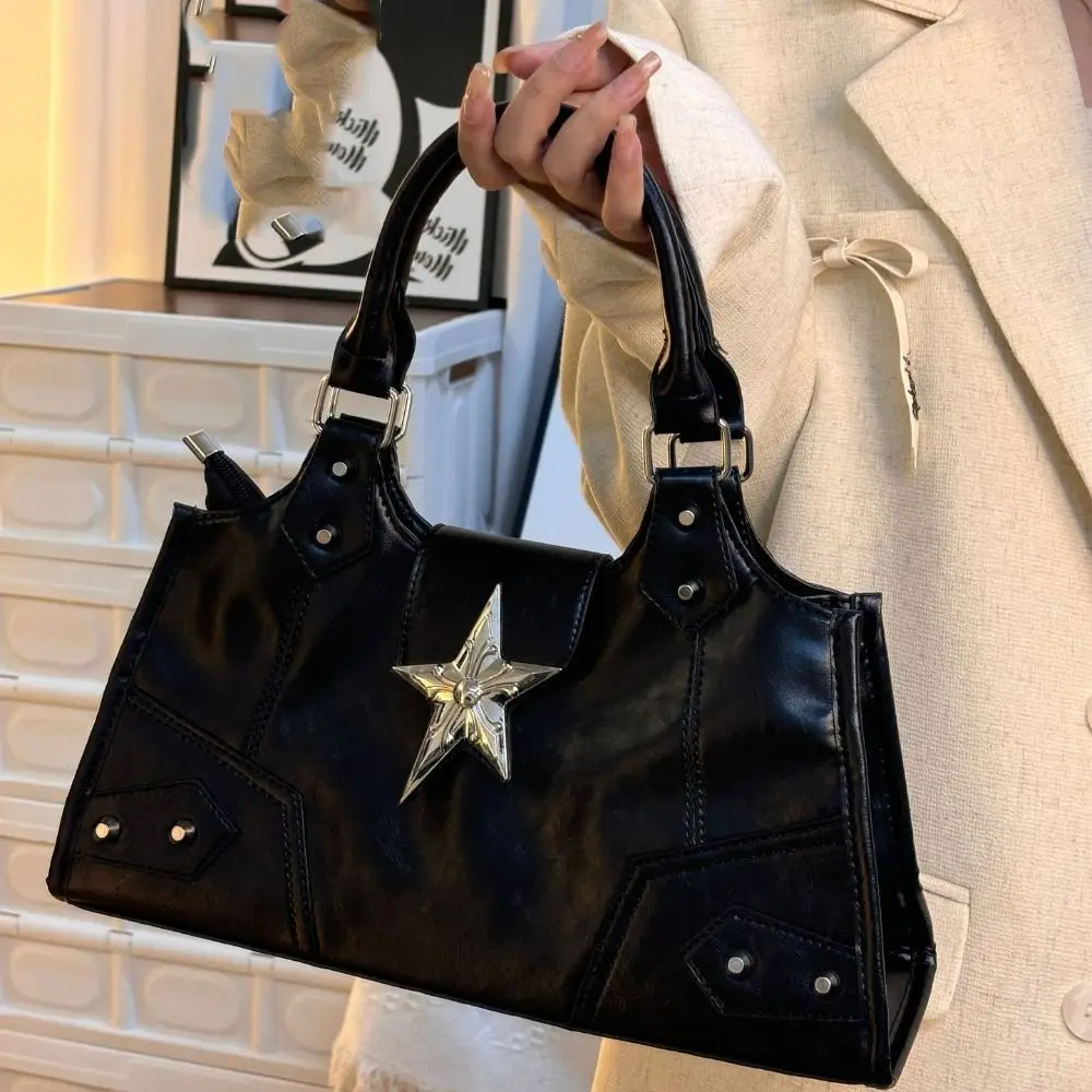 

PU Leather Gothic Star Crossbody Bag Large Capacity Fashion Design Locomotive Style Underarm Bag Solid Color