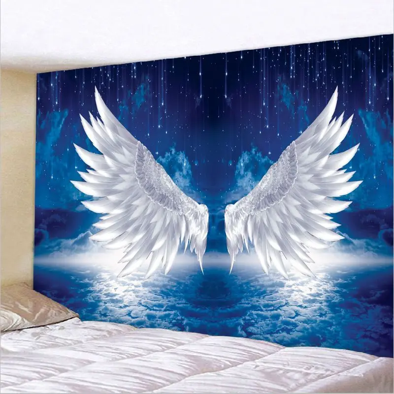 VIKAMA Starry Sky Angel Wings Tapestry Wall Art for Bedroom Living Room Decoration Blue Cloud Sea Starry Sky White Wings Warm