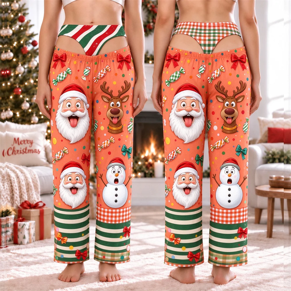 Christmas Women's Pajama Cute Cartoon Snowman Print Elastic Waist Long Pants Soft Casual Home Lounge Wear Xmas Trousers Clothing