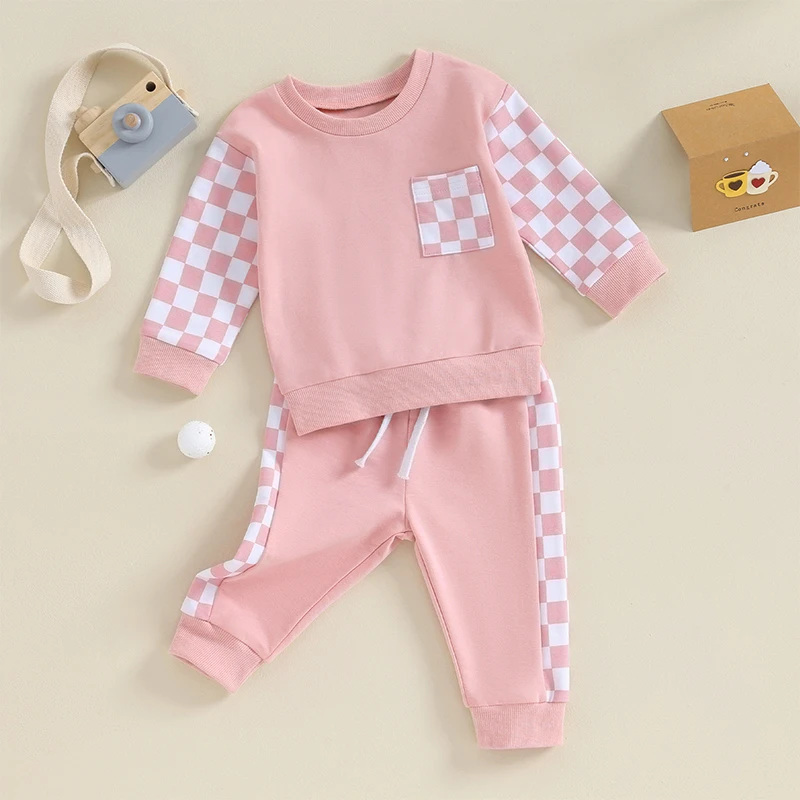 Newborn Baby Girl Clothes Checkerboard Print Long Sleeve Crew Neck Sweatshirts Long Pants 2Pcs Fall Outfits