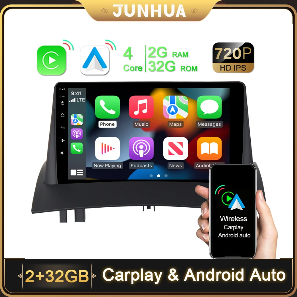 JUNHUA 2 Din Car Multimedia 9'' IPS Android 10 Radio Wireless CarPlay WIFI DSP GPS Navigation For Renault Megane II 2002-2008