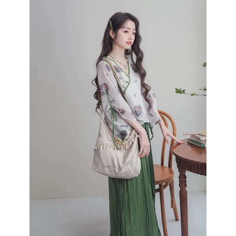 

Women's New Chinese Style Floral Blouse and Wide Leg Pants 2 Piece Set