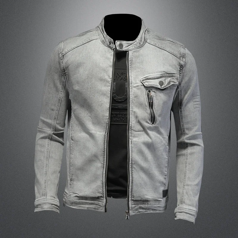 

High Quality Stretch Zipper Denim Jacket Men Washed Sand Gray Slim Fit Jeans Coat Motorcycle Spring Autumn