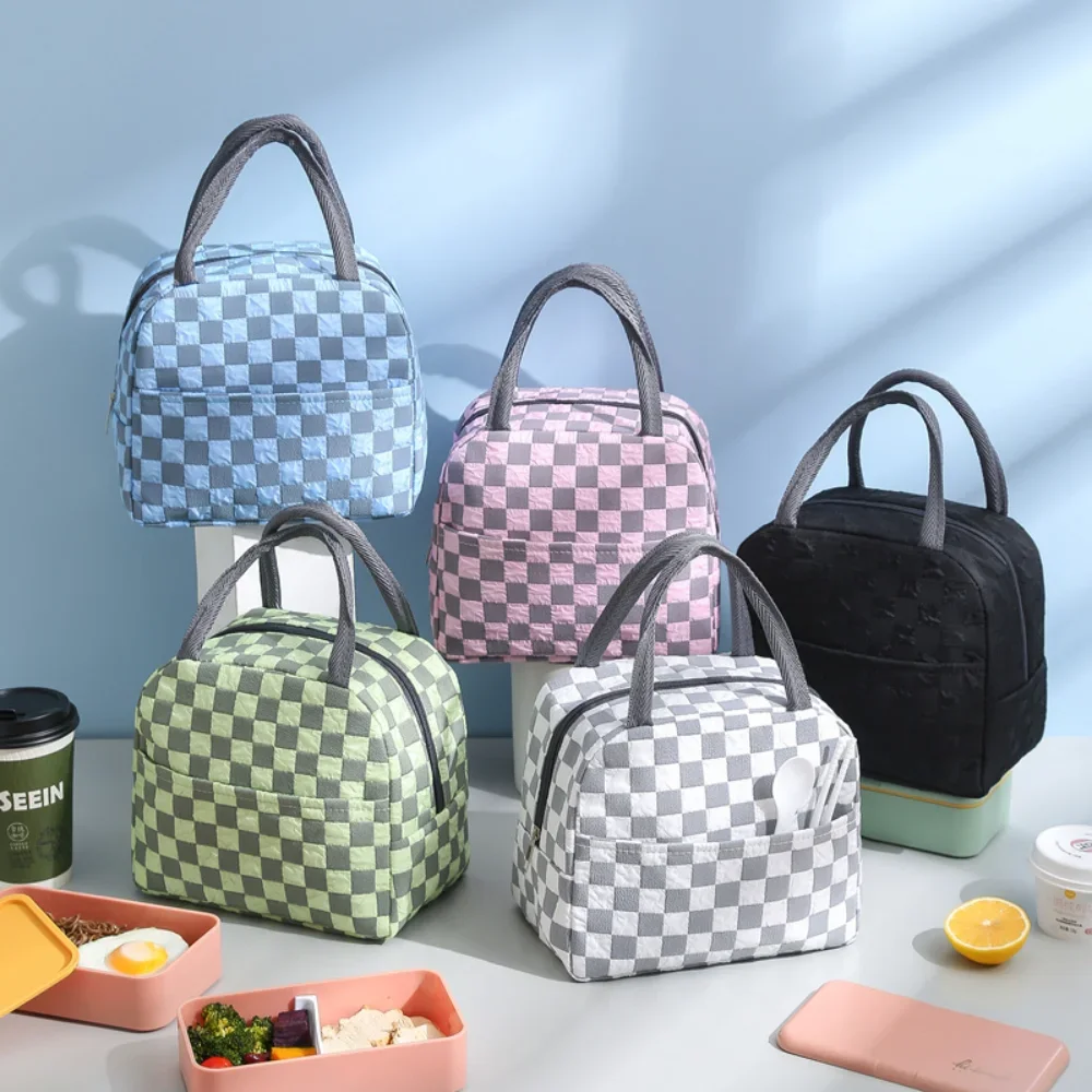 1× Checkerboard Insulated Lunch Bag Waterproof Bento Box Tote Thermal Food Container Bag for Work Picnic Travel with Side Pocket