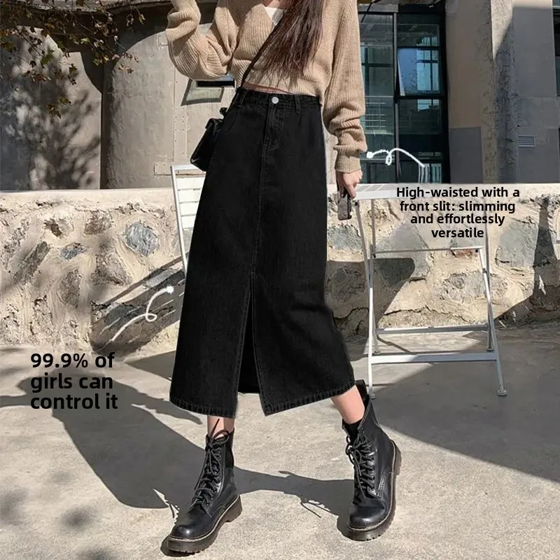 Retro Black Denim High Waist Slim A-Line Skirt Design Mid-Length Slit Women's Jeans Spring Summer Fashion Casual Cotton Skirt