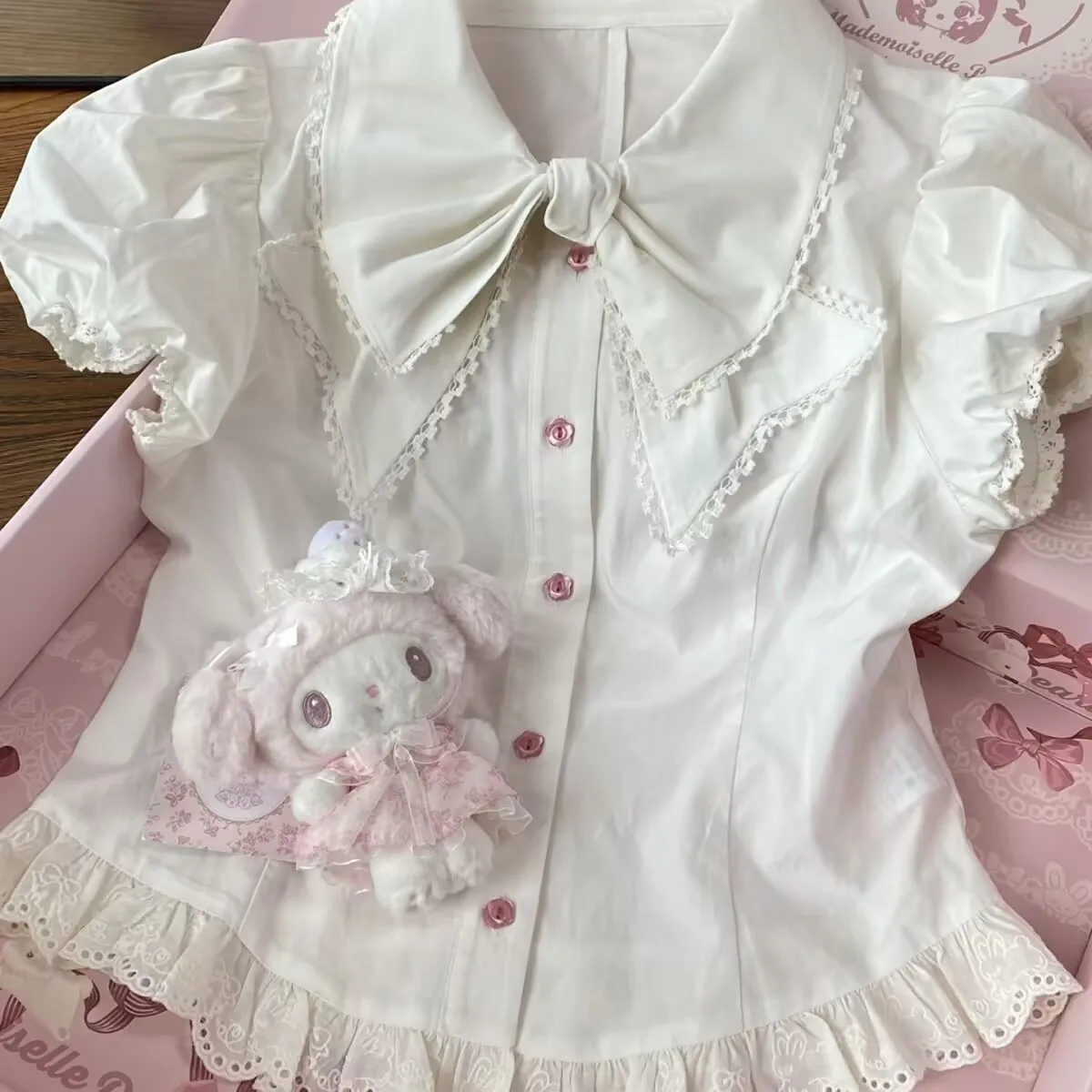 

Summer Lolita Shirt Japanese Pretty Fashion Design Kawaii White Blouse Women Sweet Lace Short Sleeve Shirt Y2k Slim Bow Tops