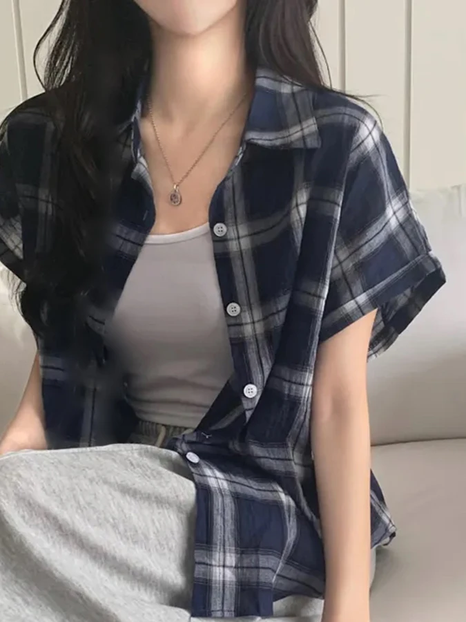 

Casual Contrast Color Plaid Short Sleeve Loose Fit Thin Shirt Women's Summer New Style Turn-down Collar Single Button Top