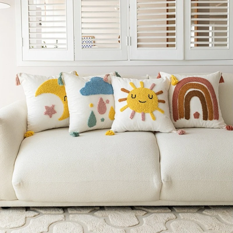 

45X45CM Sun Moon Rainbow Tufted Cushion Cover with Tassels Boho Cotton Canvas Embroidered Pillow Case for Sofa Decor Home