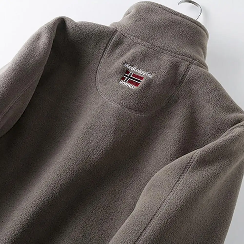 2025 M-3XL Men Winter Fleece Jacket with Pocket Long Sleeve Stand Collar Zip Up Thick Warm Heat Retention Outdoor Fleece Jacket
