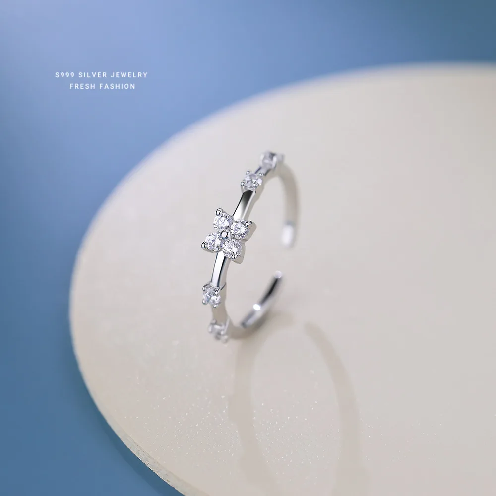 S999 Sterling Silver Zircon Flower Ring for Women Luxury Open Design High-End Sensation Versatile Silver Ring - Image 4