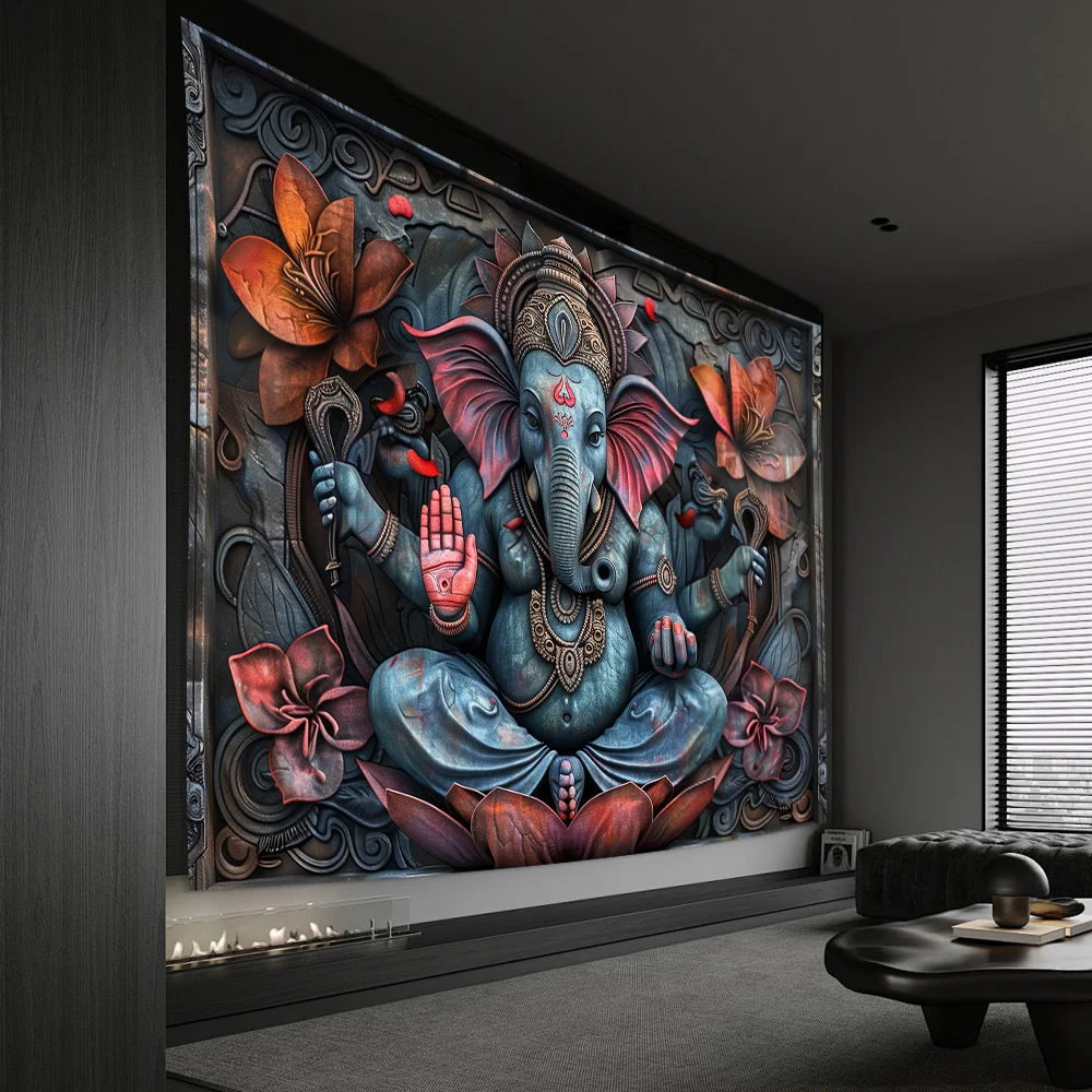1pcs 3D Stereoscopic Visual Effect Symbol Lotus PostureGanesha Backdrop Cloth for Living Room Bedroom Home Decor Room Decoration