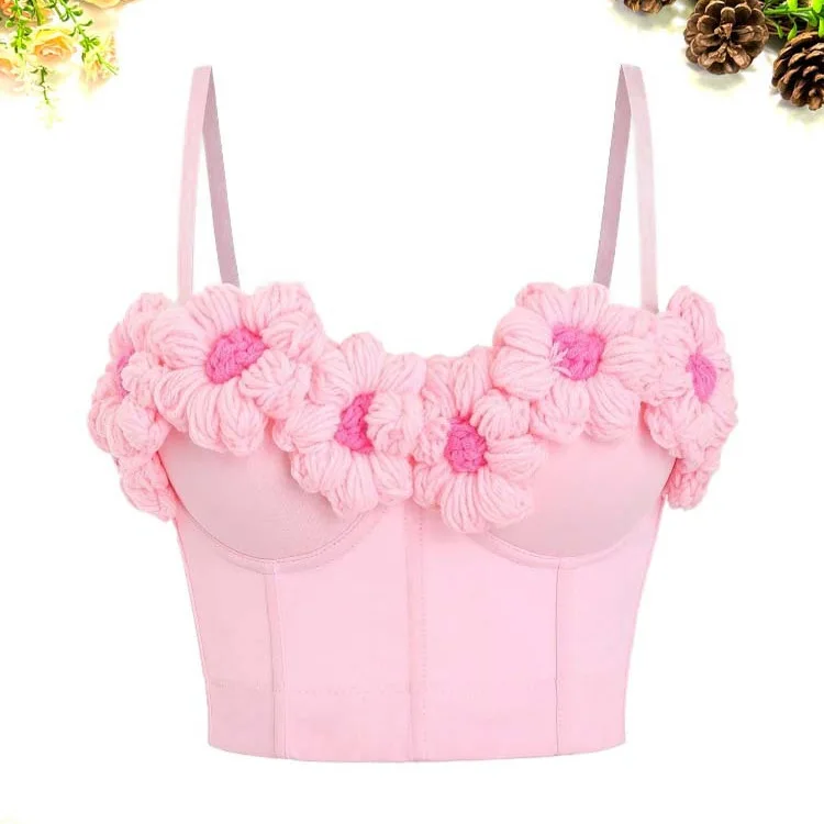 Sexy Push Up Bras with Pink Sweet Crocheted Floral Decorative Design Fishbone Corset Outer Wear Fashionable Suspender Bralette