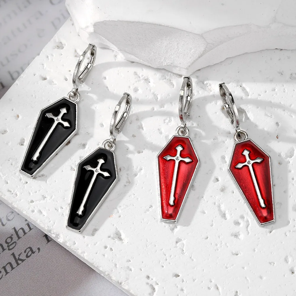 Thinking about Learning Goth Cross Vampire Coffin Earings Halloween Cosplay Gothic Accessories Indie Aesthetic Jewelry