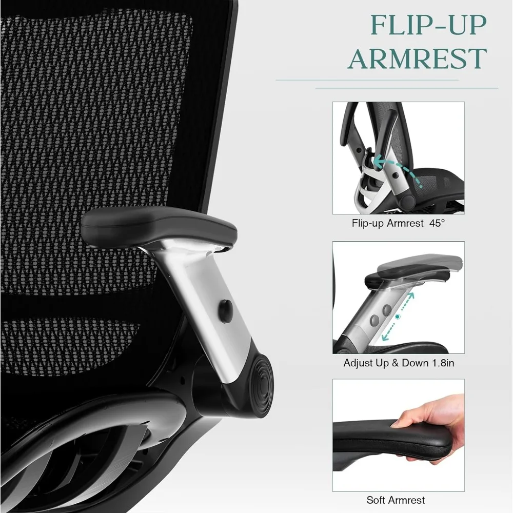 Ergonômico High Back Mesh Office Chair, cadeira de mesa, encosto de cabeça ajustável com flip-up, função de inclinação, apoio lombar e rodas PU