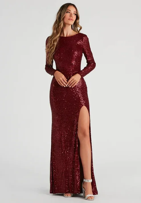 Women\'s Long Sequined Round Neck Slit Sexy Long Sleeves Long Sequined Evening Dress with Open Back Design for Adult Ceremony