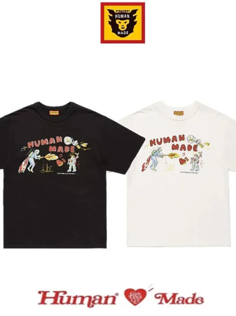 Human Made Style Hand-Drawn Graphic Slub Cotton T-Shirt, Casual Tee for Unisex