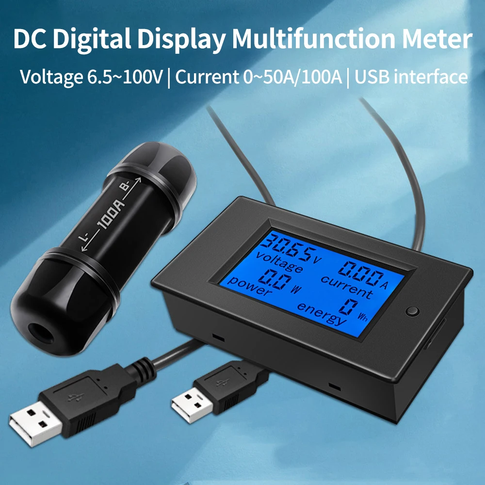 DC 6.5-100V 50A 100A Digital LCD Display Voltmeter Ammeter Wattmeter Power Energy Meter 12V 24V Volt Tester with USB Data Cable