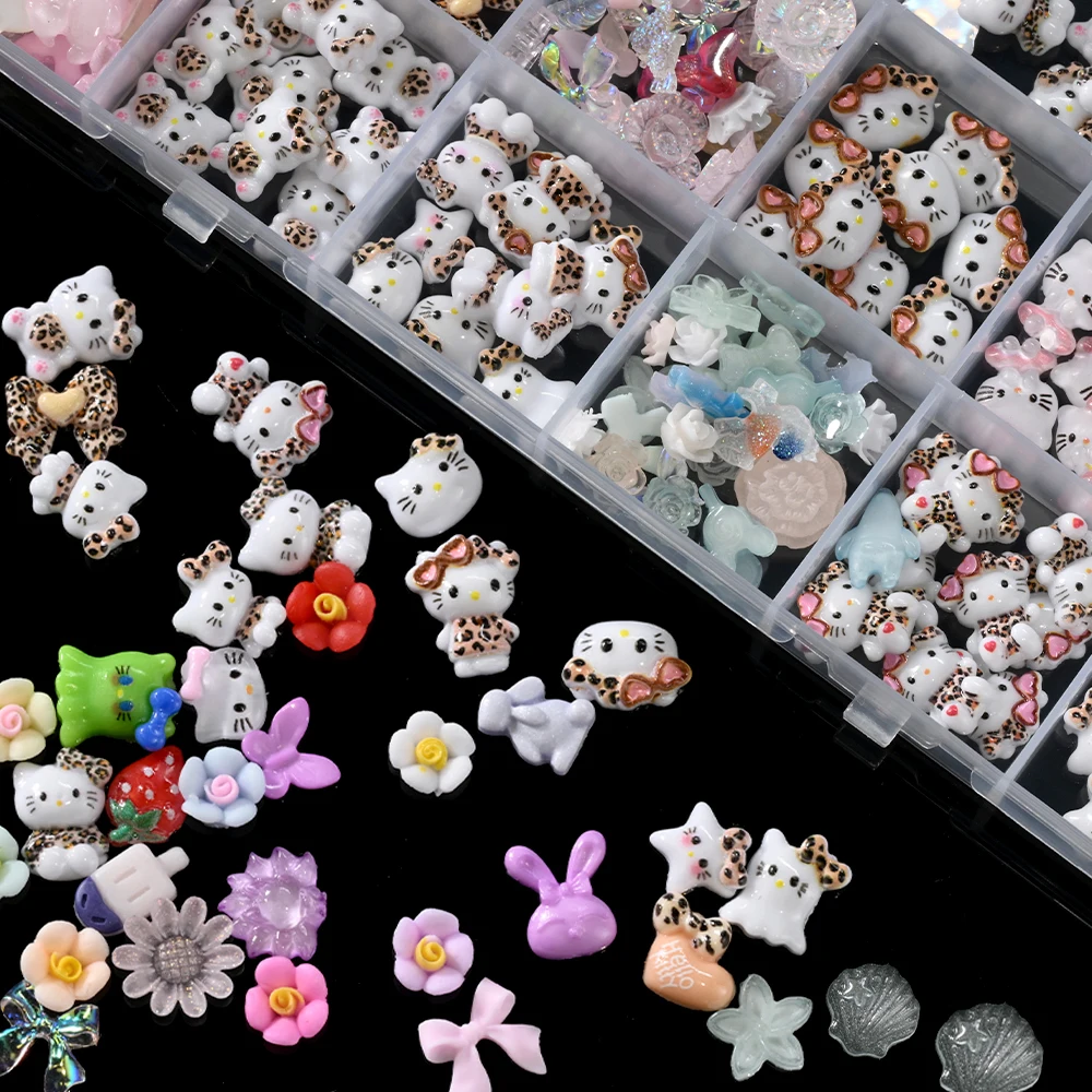 12/24グリッド 3D キュート レオパード柄 ハローキティ ネイルチャーム 漫画 キティちゃん リボン ネイルアート ラインストーン ジュエリー レオパード キャット ネイルジェム