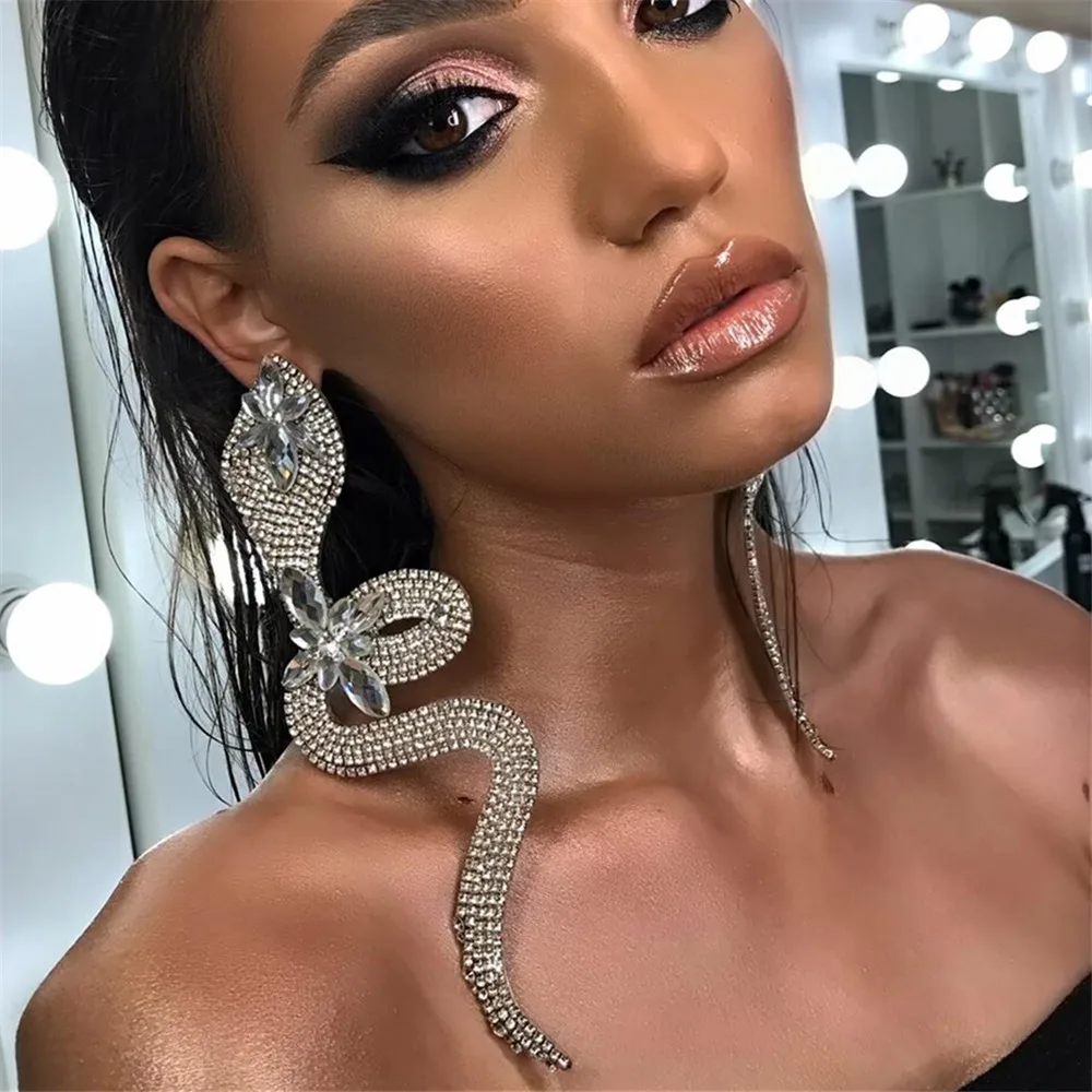 

Exaggerated Rhinestone Super Long Big Snake Drop Earrings Jewelry for Women Crystal Flower Geometric Animal Dangle Earrings Gift