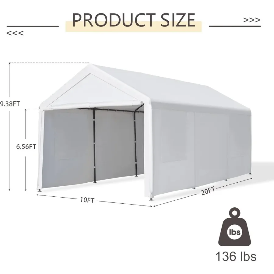 Carport: 10' X 20' Heavy Duty Portable Garage with Roll-up Ventilated Windows, Removable Sidewalls Doors, All-Season White Tarp