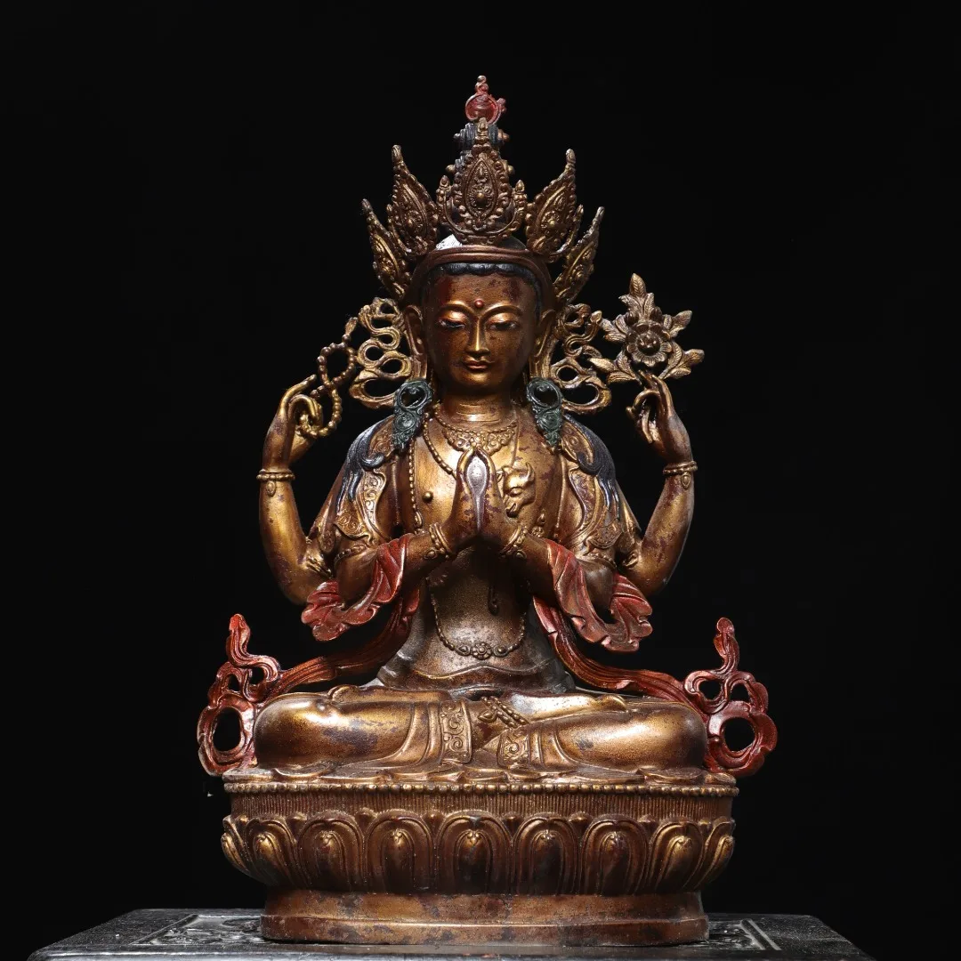 Nepalese Brass Lou Tuo Gold Painted Face Tara Four Arms Guanyin Bodhisattva Ornament Household Dedication Hall 49cm