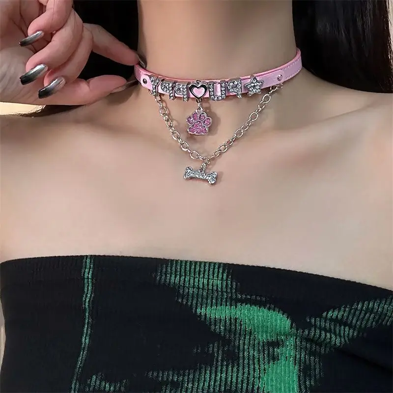 Leather rhinestone sexy lady long neck necklace DIY personalized Gothic role-playing sexy toy