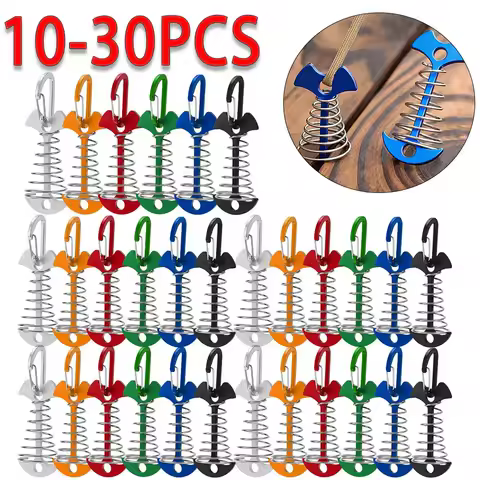 10-30pcs Deck Anchor Pegs Fishbone Tent Stakes with Spring Buckle Windproof Aluminium Alloy Wind Rope Anchor Camping Tent Nail