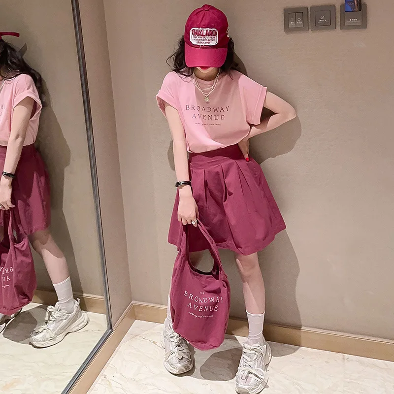 Summer 2023 Girls Skirt Outfit New Medium and Large Children\'s Cotton Letter T-shirt Trendy Casual Loose Two-Piece Suit