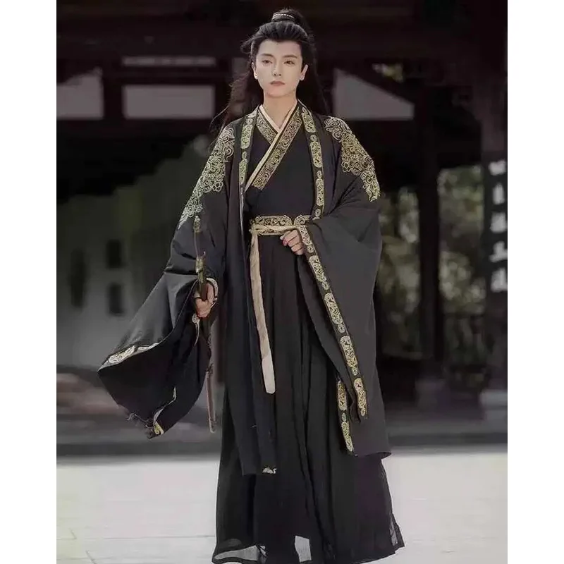 

Unisex Hanfu Male Chinese Traditional Embroidery Black&White Hanfu Tang Suits Shirt+Skirt+Coat Cosplay Costume Plus Size 2XL