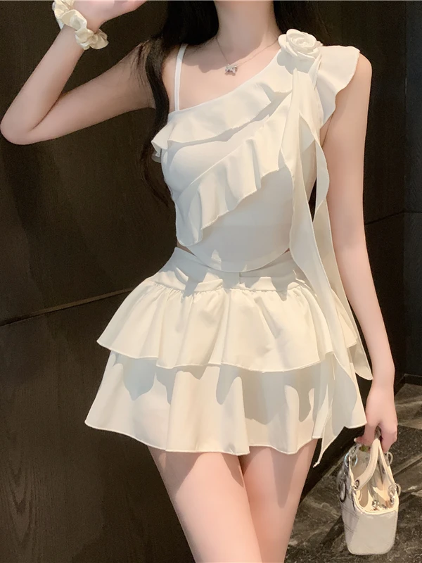 

Sweet Spicy Girl Summer Pure Desire Halter Dress Cake Skirt Two-Piece Set Women's Fashion Pleated Puffy Half Skirt Ensemble