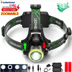 Super Bright COB+LED Headlamp Rechargeable Headlight Zoomable Headlamps Outdoor Waterproof Head Torch Head Flashlight Lantern