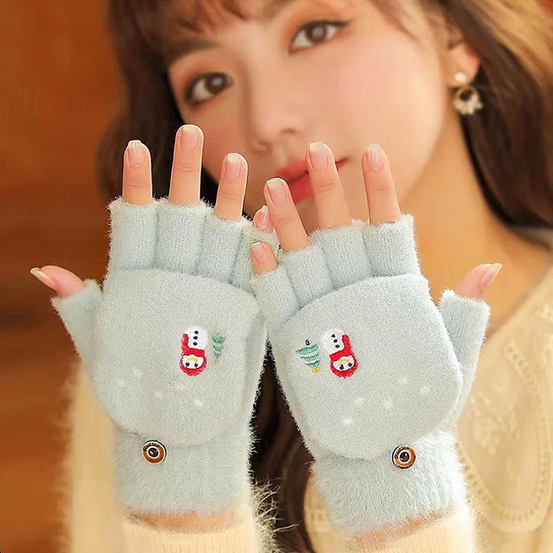 女性用タッチスクリーン対応コンバーチブルグローブ 冬用暖かいニットフリップトップミトン 可愛い雪だるま刺繍入り 快適なクリスマスプレゼント
