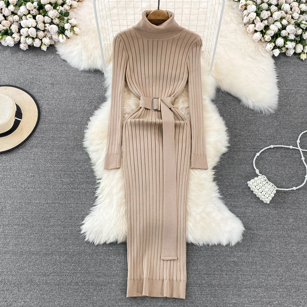 Autumn New Women Ins Hot Turtleneck Sexy Wrap Hips Knitted Dress Long Sleeve Female Bodycon Sweater Dresses - view 4