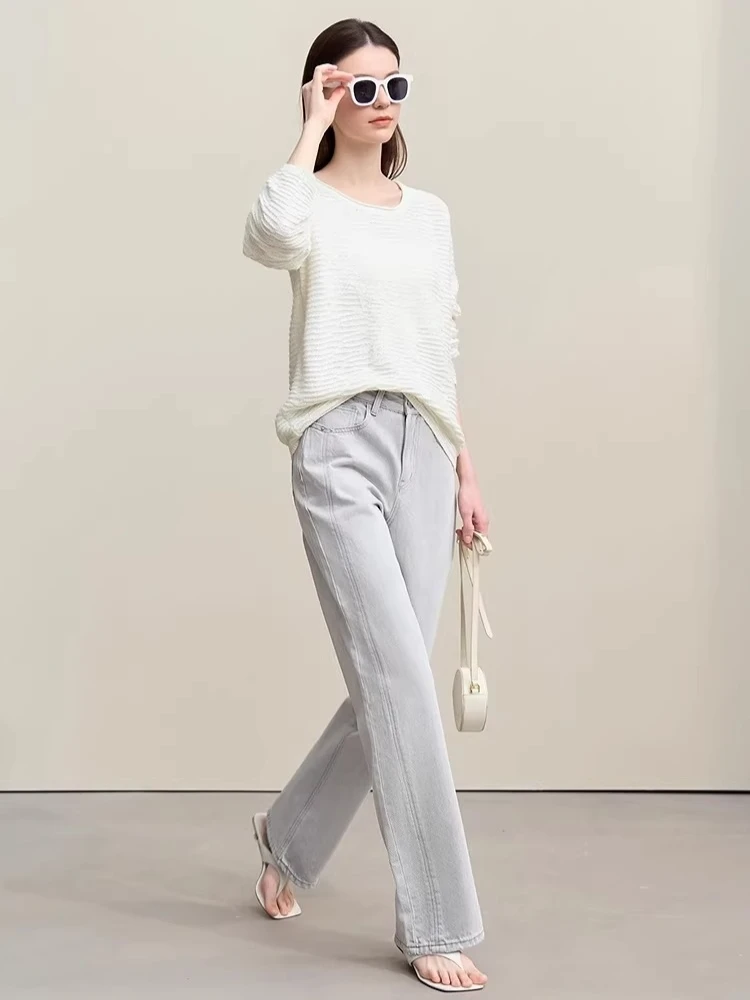 Amii ニットプルオーバー 2026 春新作 クルーネック ドロップショルダー袖 セーター レディース レースパッチワーク 無地トップス 12621093