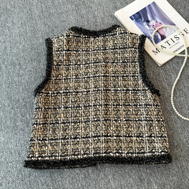 Gilet autunnale piccolo stile profumato da donna Cardigan girocollo di lusso elegante temperamento plaid top senza maniche in Tweed grossolano