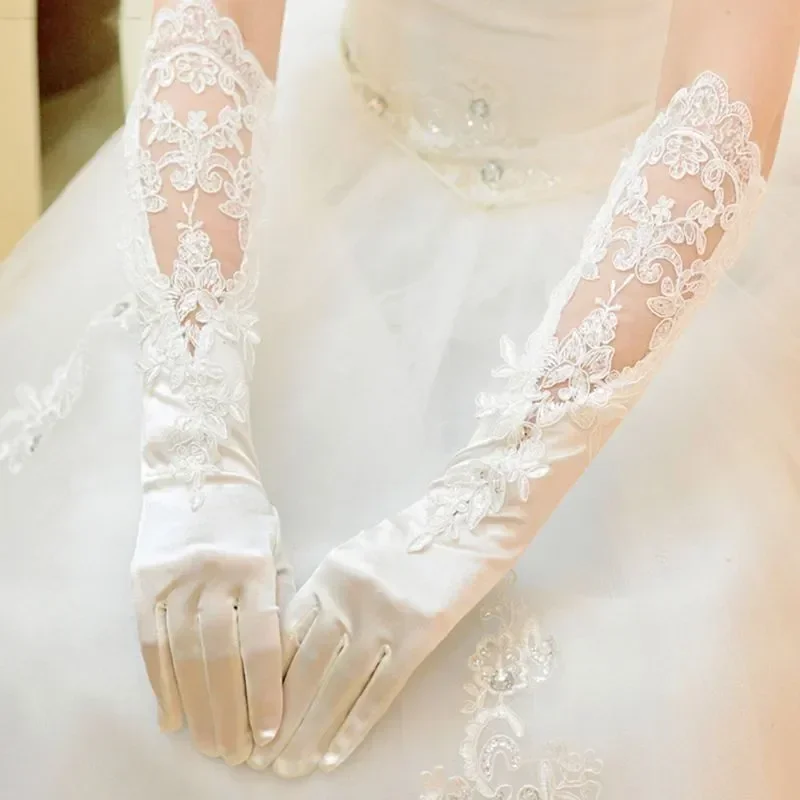 Wedding Bridal Banquet Long Gloves Hollow Embroidery Sequins Floral Lace Applique Elbow Length Full Finger Satin Mittens