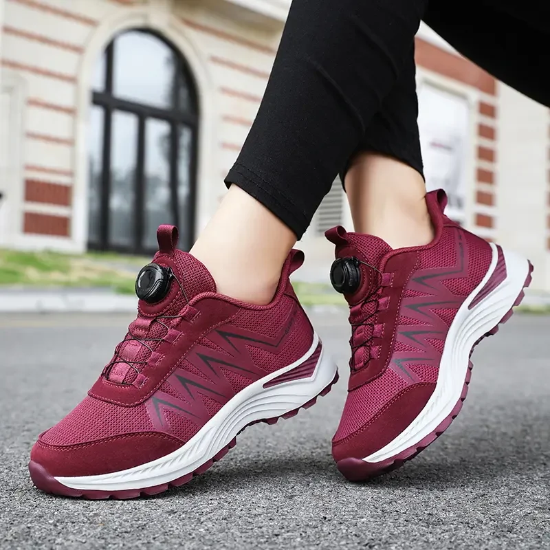 Zapatos con botones para mujer, zapatillas deportivas de malla transpirable sin encaje, para correr al aire libre, Fitness, EVA, antideslizantes, otoño