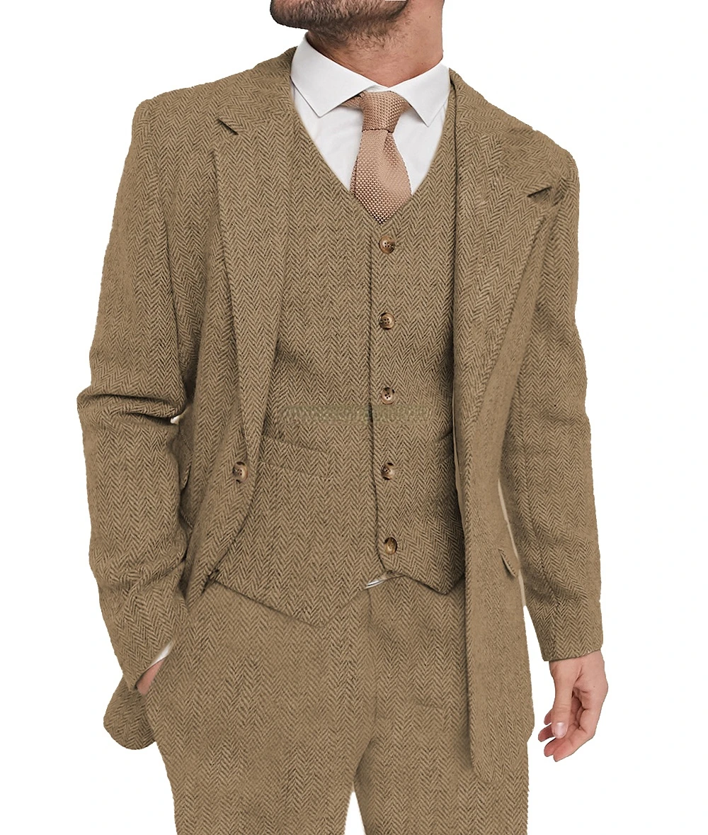 Customized Men's 3 Piece Tweed Suit Notched Lapel Herringbone Blazer Vest And Pants Set for Elegant Wedding Dress Code