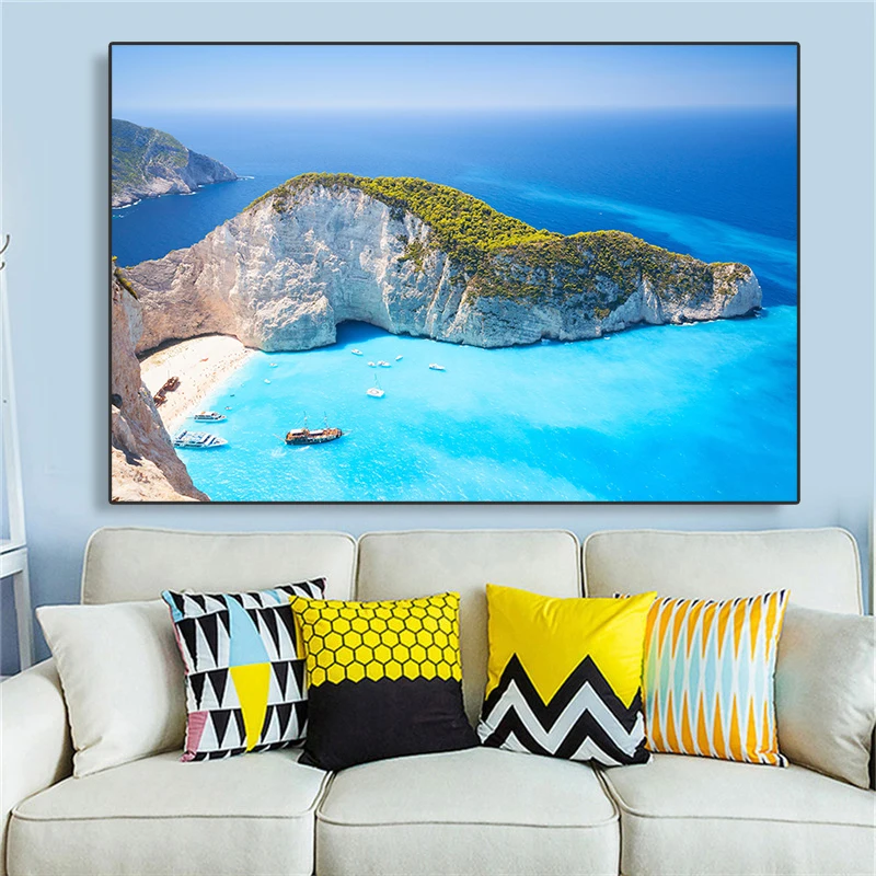 Zakynthos Island Greece Landscape Canvas Painting Navagio Beach Seascape Ocean Posters and Prints Wall Art Wall Decor Cuadros