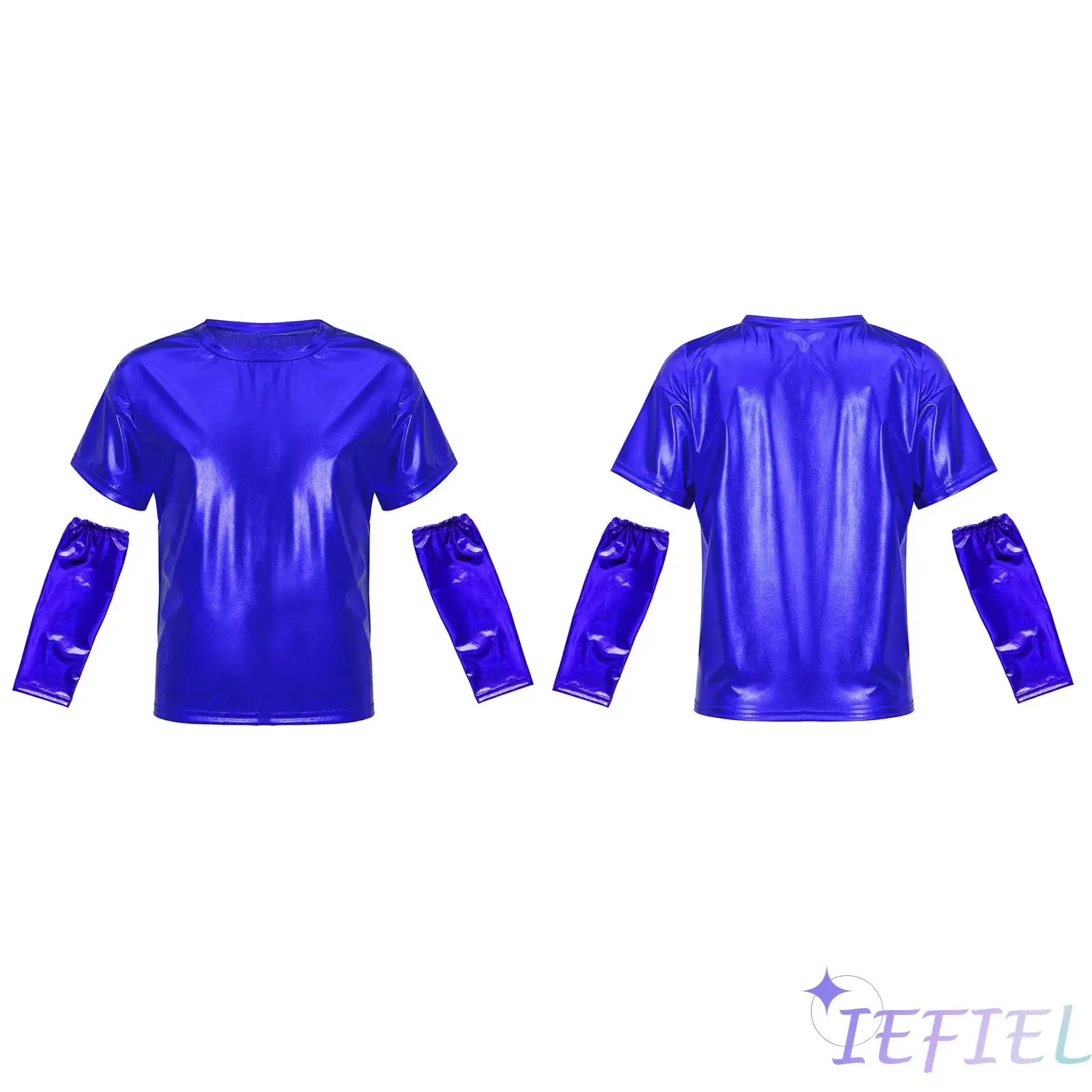 

Kid Hip-Hop Dance Performance Outfit Metallic Shiny Short Sleeve T-shirt with Gloves for Street Dance Practice Stage Performance