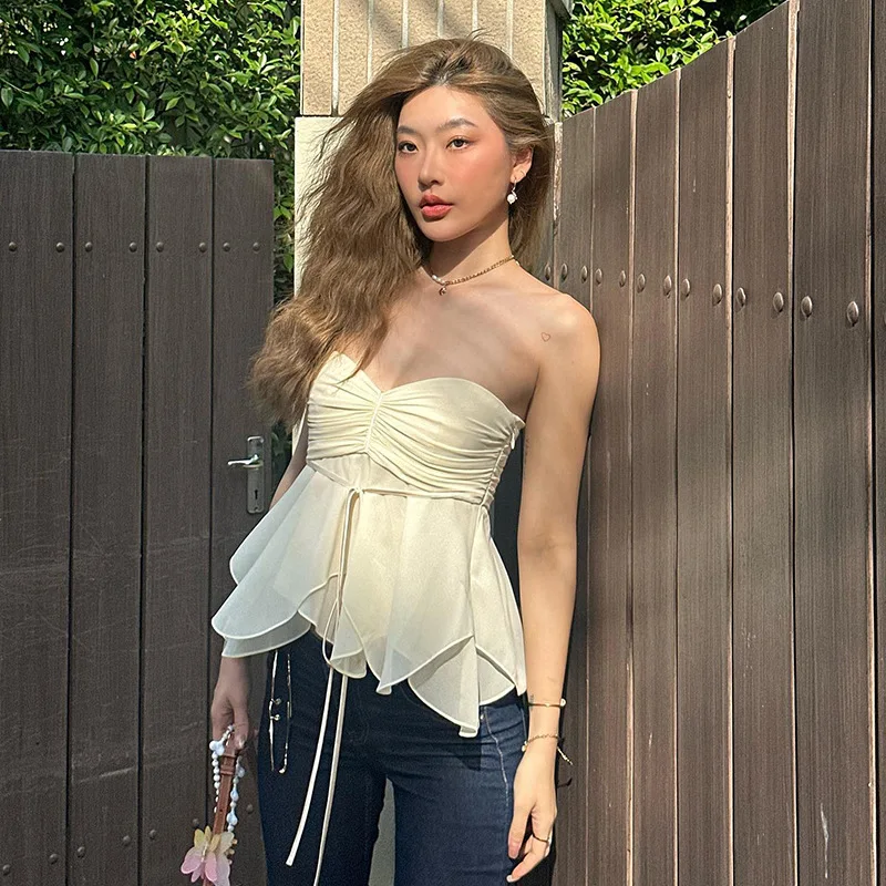 

Girl's Age-Reducing Tube Top Vacation Lace-up Pleated Vest Women's Outer Wear Irregular Hem Sexy Hot Girl Top Short