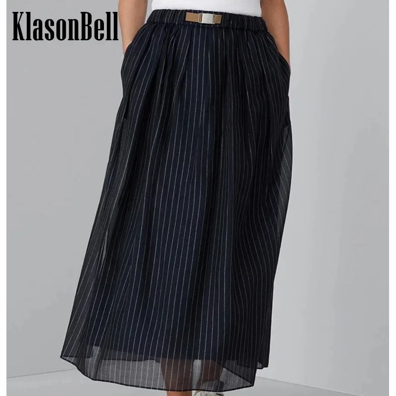 

6.29 KlasonBell 2024 New Bling Bright Silk Striped Midi Skirt For Women Elegant All-matches Buckle Elastic Waist Split Skirt