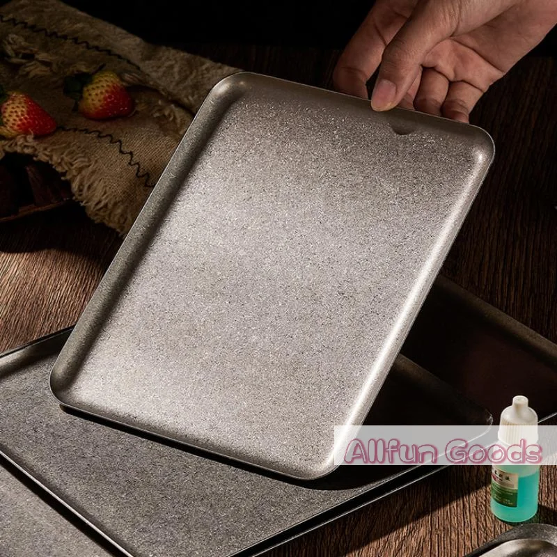 Vintage 304 Stainless Steel Snowflake Silver Square Tray Round Edge Dinner Plate Dessert Grill Tray Steak Plate Decorative Tray
