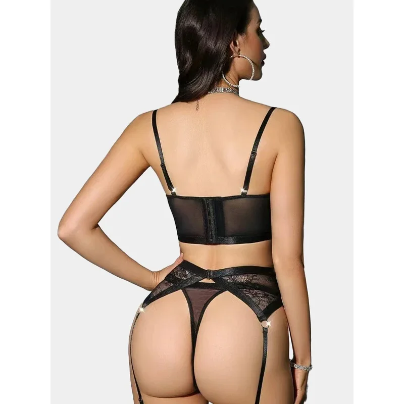 French Sexy Lingerie Set With Underwire Lace Ultra Thin Sexy Seductive Four-Piece Garter Pantyhose Bra Set