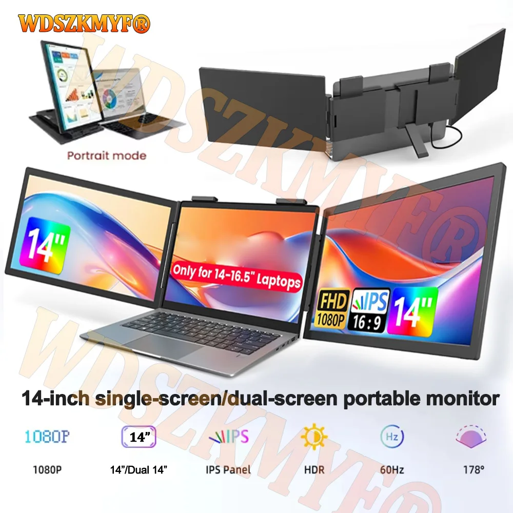 

NEW 14" Portable dual monitor/Singel monitor, FHD IPS screen USB-C laptop extender for trading/programming/gaming Second display