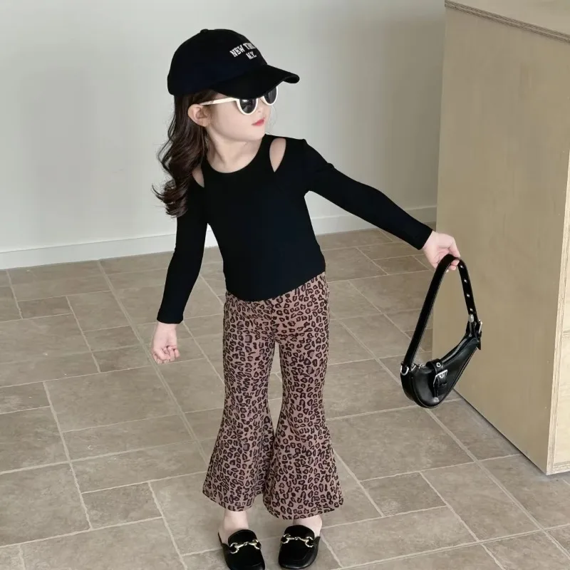 Boutique 2024 Korea Kids Fall Clothes Baby Girls Pants Cute High Waist Leopard Print Bell-bottoms Toddler Sweatpants 95% Cotton