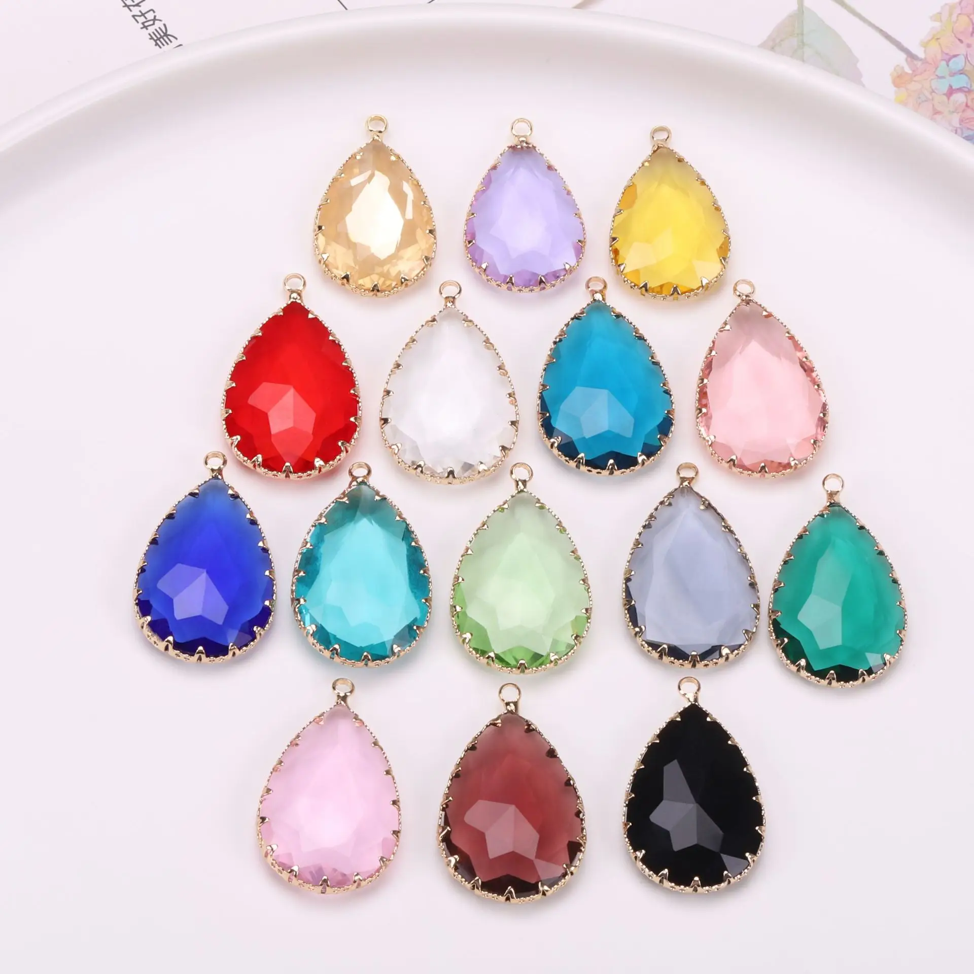 20pcs/ Bag   Copper plated gold flower claw colorful crystal water droplet pendant DIY earrings necklace hairpin accessories