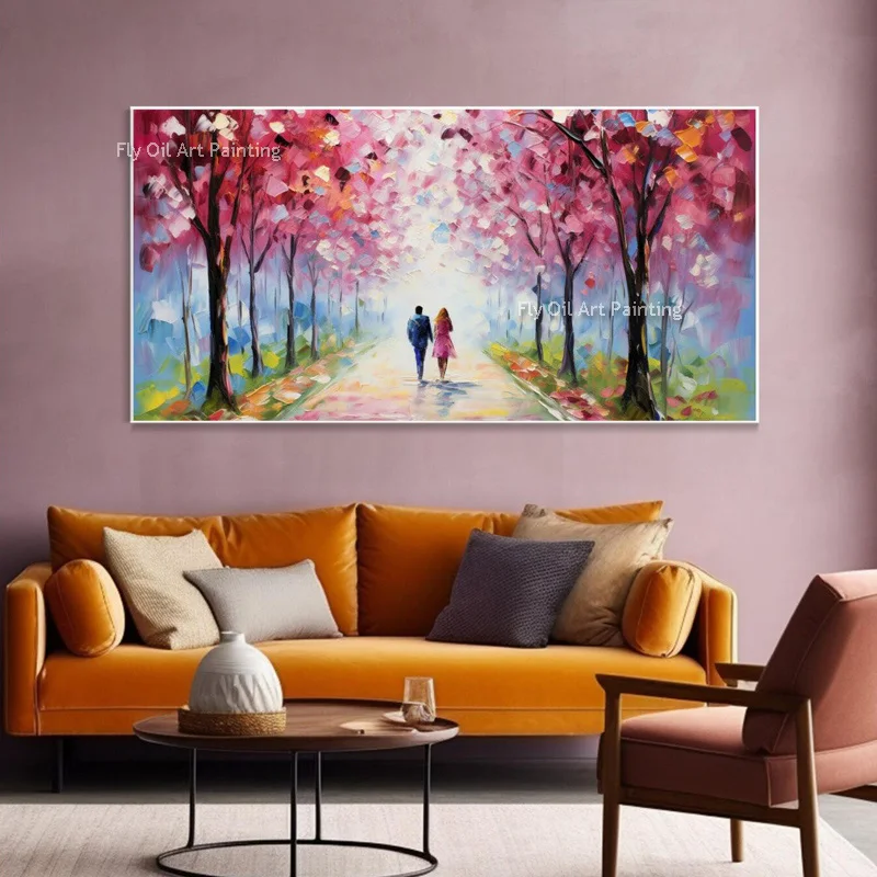 Modern Couple Walking On Tne Park Wall Art Hand Painted Simple Design Pink Tree Landscape Oil Painting For Living Room Decor