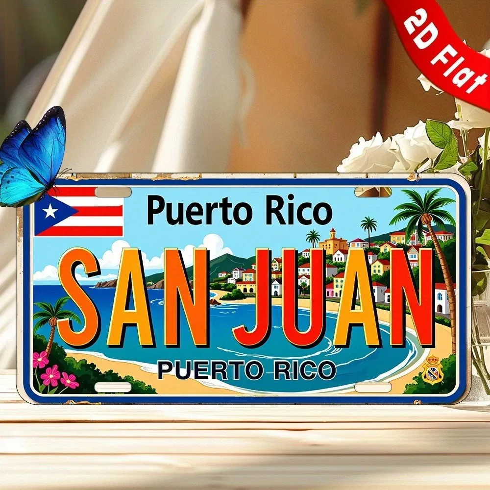 1pc Custom 2D Flat San Juan Puerto Rico Metal Plaque 6x12in, Coastal Scenery Wall Ornament Travel Gift for Home Bar & Garage (De